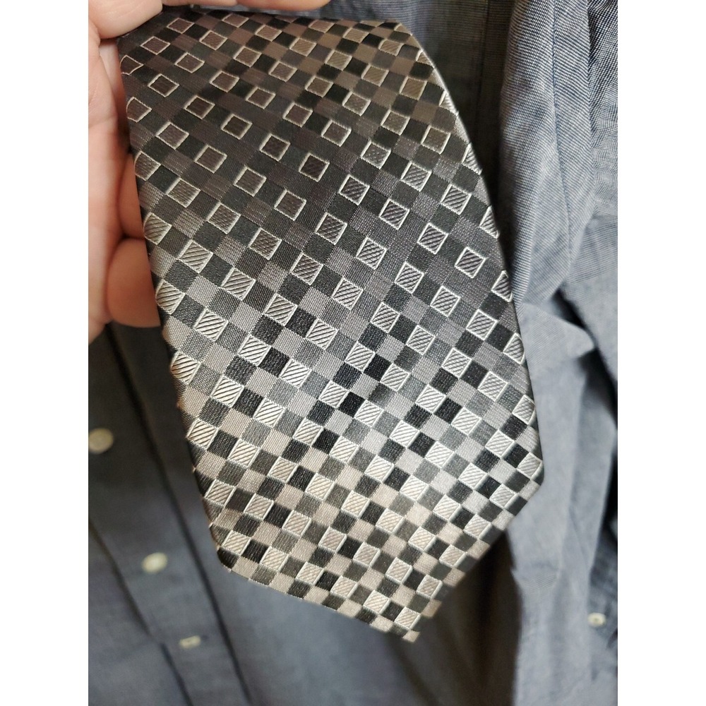 CK Calvin Klein OS Necktie Mens Grey Black Geometric Silk Formal Business Tie